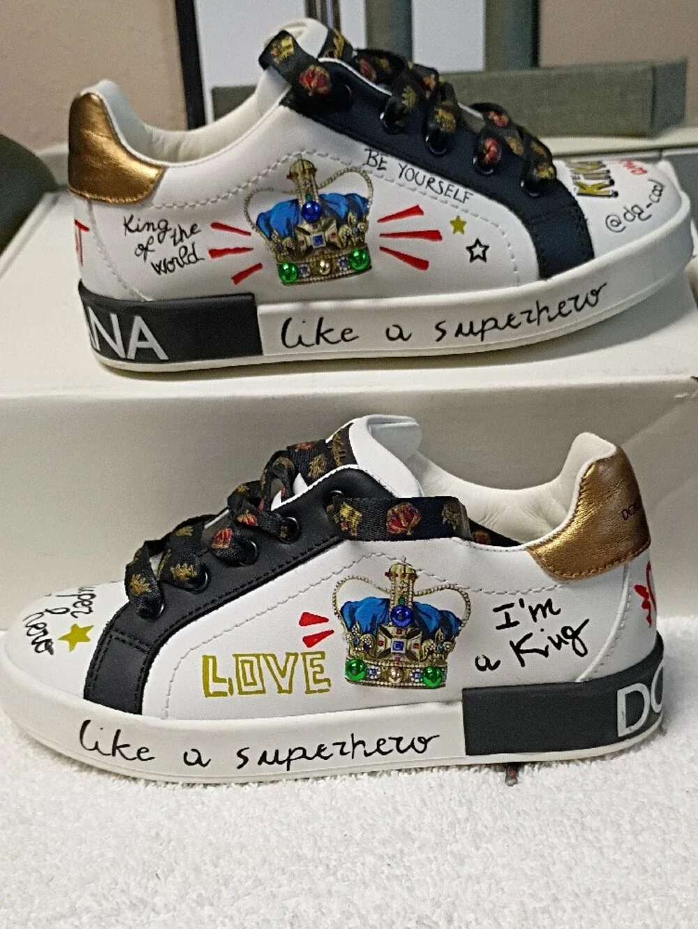 Dolce & Gabbana Kids White Sneakers with Black & Gold Accents